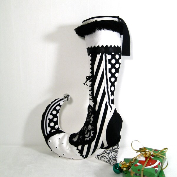 INVENTORY SALE - Victorian Christmas Stocking, Black White Whimsical Holiday Decor, Decorative Shoe Boot, Silk Polka Dot, Silver Bells