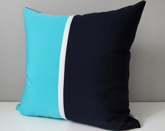 Decorative Navy Blue Outdoor Pillow Cover, Modern Pillow Cover, Turquoise & Navy Color Block, Blue White Sunbrella Cushion Cover, Mazizmuse