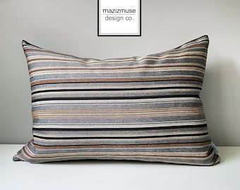 Grey & Brown Sunbrella Pillow Cover, Decorative Outdoor Pillow Cover, Modern Striped Pillow Cover, Gray Cushion Cover, Cultivate Stone