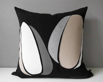 Decorative Abstract Pillow, Mid Century Modern Pillow, Black & White Sunbrella Outdoor Cushion, Retro Grey Beige Pillow, Mazizmuse