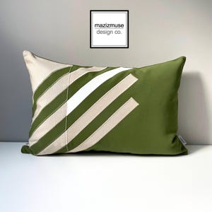 Olive Green & Beige Sunbrella® Outdoor Pillow Cover in Geometric Design, Decorative Cushions for Cottage / Deck Lounge Chairs, Palm Green