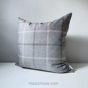 Grey Plaid Sunbrella Pillow Cover, Decorative Outdoor Pillow Cover, Masculine Pillow Cover, Beige & Gray Cushion Cover, Paradigm image 1