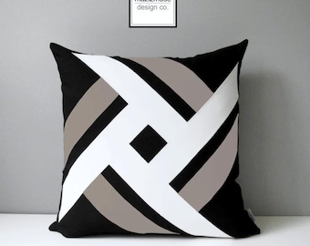 Black & White Outdoor Sunbrella® Pillow Cover with Geometric Pinwheel in Taupe, Modern Gray Throw Cushions for Pool and Patio, Mazizmuse