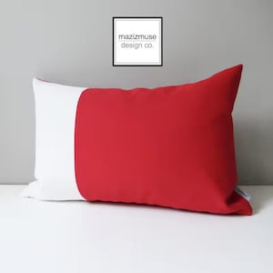 Capa de almofada para área externa Sunbrella® Jockey Red & White em bloco de cores moderno, almofada vermelha cereja para cadeiras de estar de pátio/piscina, Mazizmuse