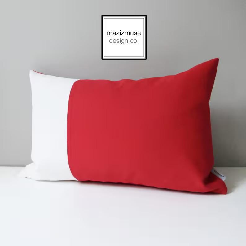 Jockey Red & White Sunbrella® Outdoor Pillow Cover in Modern Color Block, Cherry Red Throw Cushion for Patio / Pool Lounge Chairs, Mazizmuse