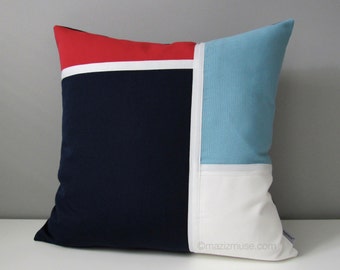 Housse de coussin d'extérieur nautique, rouge, blanc et bleu, taie d'oreiller décorative color block, bleu marine, coussin moderne, housse de coussin sunbrella