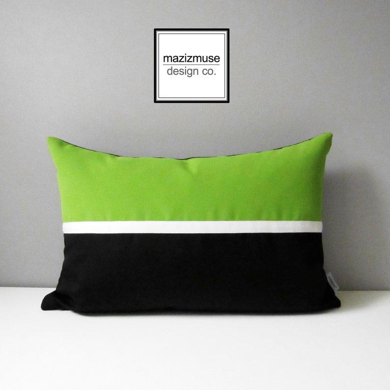 Lime Green & Black Outdoor Pillow Cover, Modern Pillow Cover, Accent Pillows, Throw Pillow, White Macaw Sunbrella Cushion Cover, Mazizmuse image 1