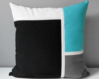 Decorative Blue & Black Outdoor Pillow Cover, Modern Color Block Pillow Cover, Turquoise Blue Grey White Sunbrella Cushion Cover, Mazizmuse