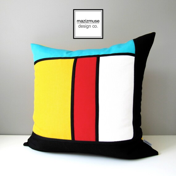 Modern Outdoor Pillow Cover Decorative Mondrian Red Yellow Blue Black White Sunbrella Cushion Mazizmuse