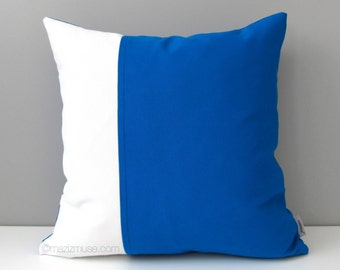 Cobalt Blue & White Outdoor Pillow Cover, Decorative Color Block Pillow Cover, Modern Pacific Blue and White Sunbrella Cushion Cover