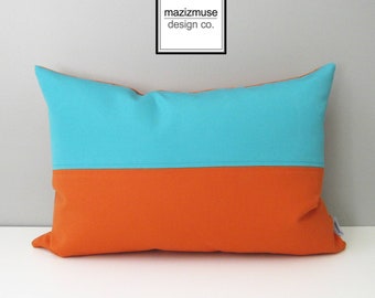 Turquoise Blue & Orange Outdoor Pillow Cover, Decorative Pillow Cover, Color Block Pillow Cover, Modern Sunbrella Cushion Cover, Mazizmuse