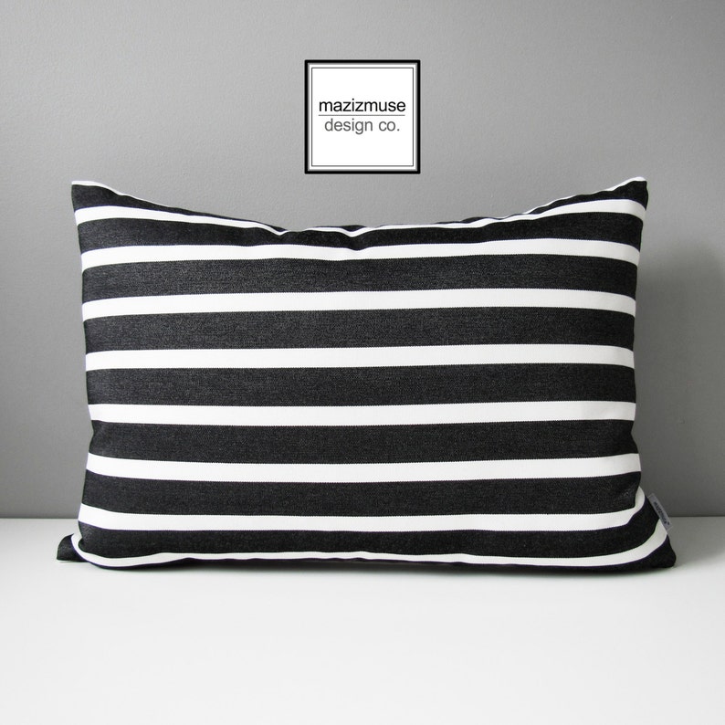 Pair of TWO Black & White Outdoor Pillow Covers, Decorative Striped Pillow Cover, Modern Pillow Cover, Tuxedo Stripe Sunbrella Cushion Cover image 1