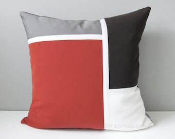 Terracotta Sunbrella Outdoor Pillow Cover in Modern Color Block with White Trim Detail, Brick Red Cushion Patio / Man Cave Lounge Chairs