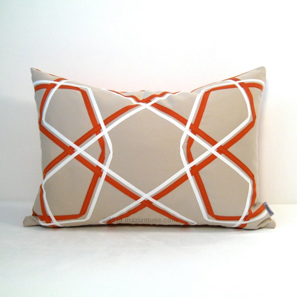 Orange Geometric Pillow Cover, OUTDOOR, White Beige Lattice, Modern Porch Patio, Home Decor, Sunbrella, Decorative Cushion Cover, Mazizmuse