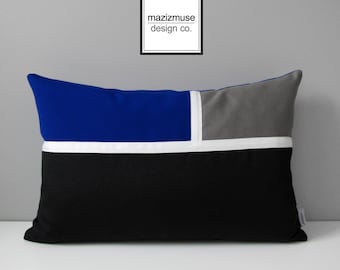 Decorative Royal Blue Pillow Cover, Modern Outdoor Pillow Cover, Color Block Pillow Case, Black White Grey Sunbrella Cushion Cover Mazizmuse