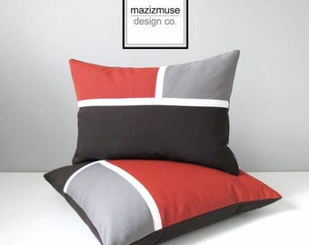 Terracotta & Grey Sunbrella® Outdoor Pillow Cover in Modern Color Block, Decorative Brick Red / Walnut Brown Cushion for Deck Chairs / Patio