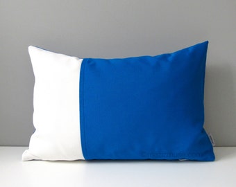 Modern Cobalt Blue Outdoor Pillow Cover, Decorative Pillow Case, Blue & White Color Block Cushion Cover, Pacific Sunbrella, Mazizmuse