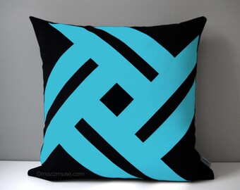 Geometric Outdoor Pillow Cover, Decorative Black & Turquoise Pillow Cover, Modern Aruba Sunbrella Blue Pillow Cover, Mazizmuse Pinwheel