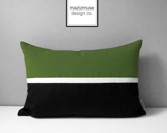 Decorative Olive Green & Black Outdoor Pillow Cover, Modern Pillow Cover, White and Palm Green Sunbrella Cushion Cover, Mazizmuse
