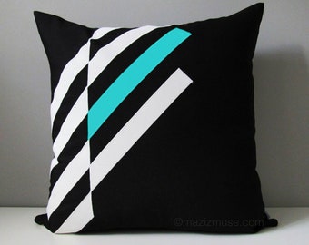 Decorative Turquoise Blue Outdoor Pillow Cover, Modern Black White Geometric Pillow Cover, Aruba Sunbrella Cushion Cover, Mazizmuse Illusion