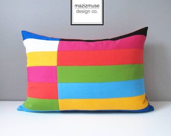 Colorful Outdoor Pillow Cover, Decorative Pillow Cover, Modern Throw Pillow, Sunbrella Cushion Cover, Green Blue Pink, Mazizmuse Blocks