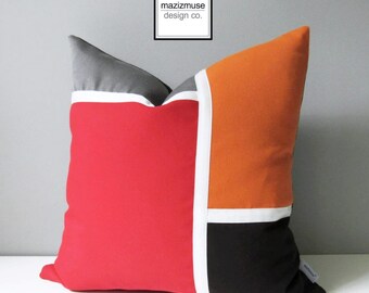 Mid Century Modern Outdoor Sunbrella® Pillow Cover in Red & Orange Color Block for Patio Lounge Chair, Decorative Scatter Cushion, Mazizmuse