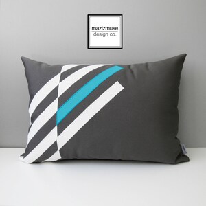 Decorative Gray & White Sunbrella® Outdoor Pillow Cover with Aruba Blue Accent for Pool / Patio, Grey Geometric Cushions, Mazizmuse Illusion