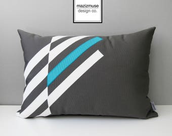 Decorative Grey & Aruba Blue Outdoor Pillow Cover, Geometric Pillow Cover, White and Gray Sunbrella Cushion Cover, Mazizmuse Design Illusion