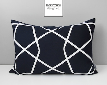 Navy Blue & White Outdoor Pillow Cover, Geometric Sunbrella Pillow Case, Decorative Lattice Pillow Case, Modern Nautical Cushion Cover