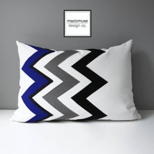 Royal Blue Chevron Pillow Cover, Modern Outdoor Pillow Cover, Decorative Black White Pillow Cover, Blue Sunbrella Cushion Cover, Mazizmuse image 1
