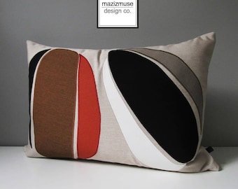 Decorative Abstract Pillow, Modern Burnt Orange Pillow, Black & White Sunbrella Outdoor Cushion, Retro Mid Century, Rust Taupe, Mazizmuse