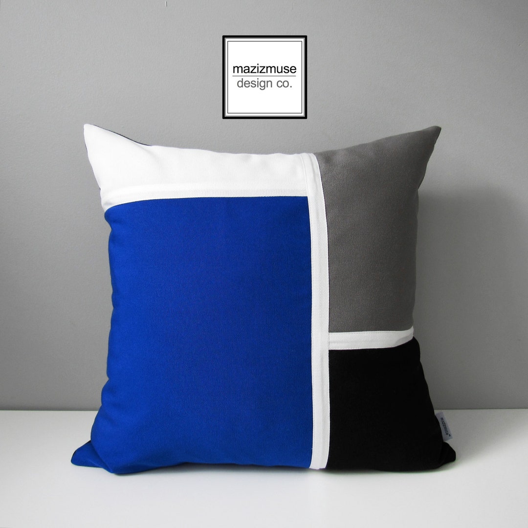 Royal Blue Outdoor Pillow Cover, Modern Color Block, Decorative White Black Grey Pillow Case