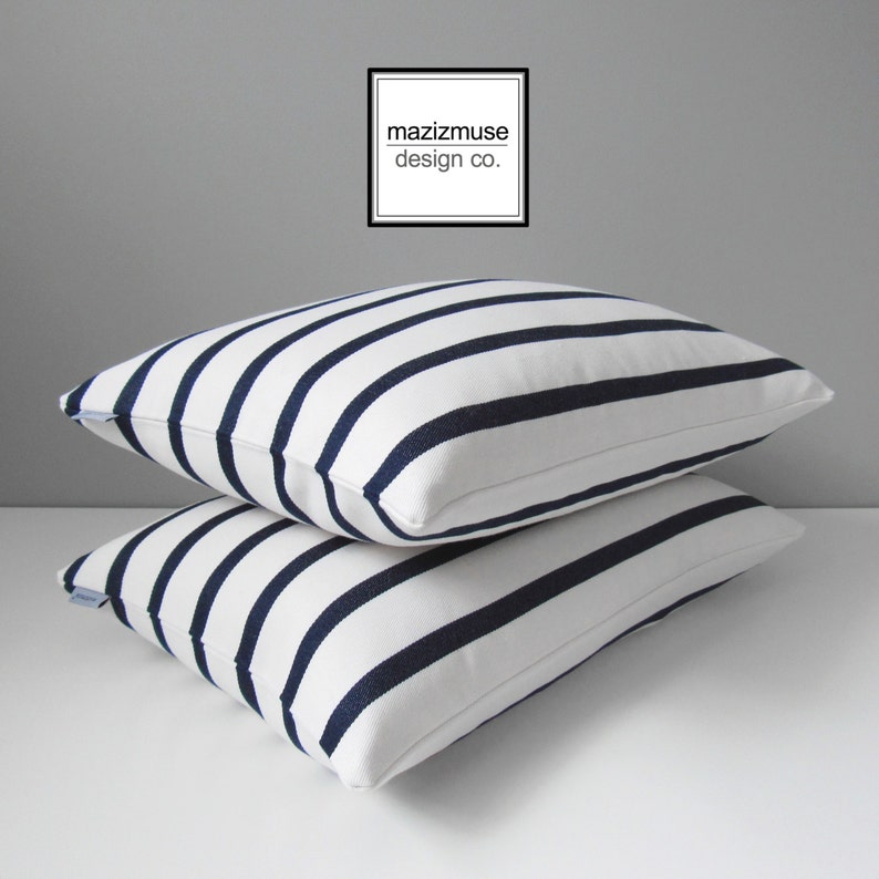 Navy Blue & White Striped OUTDOOR Pillow Cover Nautical Etsy