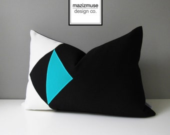 Decorative Black & White Outdoor Pillow Cover, Turquoise Blue Color Block Pillow Cover, Modern Geometric, Aruba Sunbrella Cushion Cover