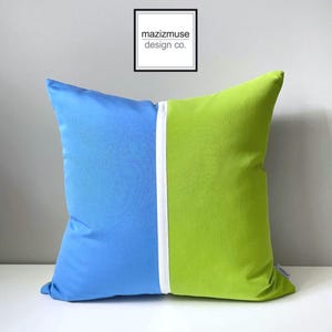 Decorative Lime Green & Capri Blue Sunbrella Outdoor Pillow Cover in Modern Color Block and White Trim, Macaw Patio Cushions by Mazizmuse