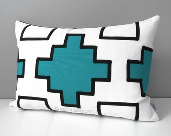 Decorative Turquoise Pillow Cover, Modern Outdoor Pillow Cover, Black White Aruba Blue, Geometric Sunbrella Cushion Cover, Azteka, Mazizmuse