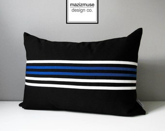 Decorative Outdoor Pillow Cover, Cobalt Blue & White Striped Pillow Cover, Modern Black and Blue Sunbrella Cushion Cover, Mazizmuse, Align