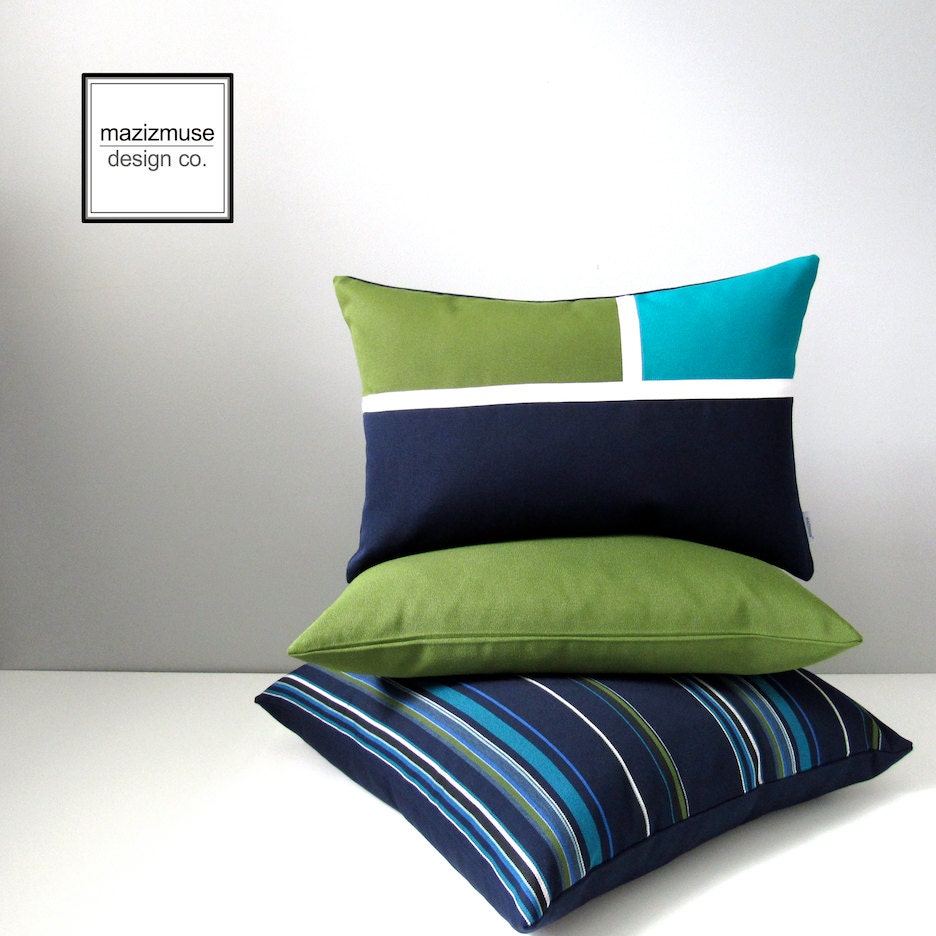 Decorative Navy Blue Striped Pillow Cover Modern Outdoor Etsy