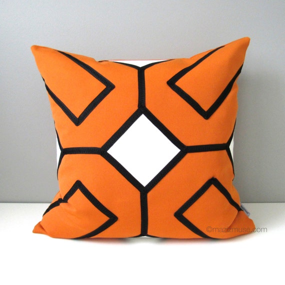 Orange Geometric Pillow Cover Black White Decorative Mid Etsy