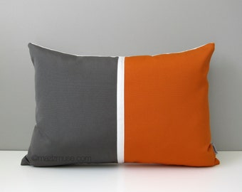 Grey & Orange Outdoor Pillow Cover, Mid-Century Modern Color Block, Decorative Gray White Throw Pillow Cover, Tuscan Sunbrella Cushion Cover