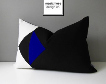 Decorative Black & White Outdoor Pillow Cover, Royal Blue Color Block Pillow Cover, Modern True Blue Sunbrella Cushion Cover