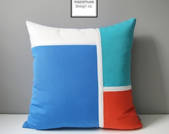 Decorative Outdoor Pillow Cover, Blue Color Block Sunbrella Pillow Case, Modern Melon White & Turquoise, Capri Blue Cushion Cover, Mazizmuse