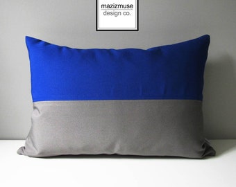 Modern Royal Blue & Grey Outdoor Pillow Cover, Decorative Pillow Cover, Color Block Pillow Cover, True Blue Sunbrella Cushion Cover