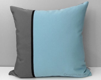Mineral Blue & Grey Pillow Cover, Modern Outdoor Pillow Cover, Decorative Color Block Pillow Cover, Blue Gray Black Sunbrella Cushion Cover