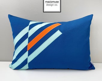 Decorative Sunbrella Outdoor Pillow Cover in Abyss, Glacier Blue & Tuscan Orange, Modern Geometric Cushion Cover, Mazizmuse, Illusion