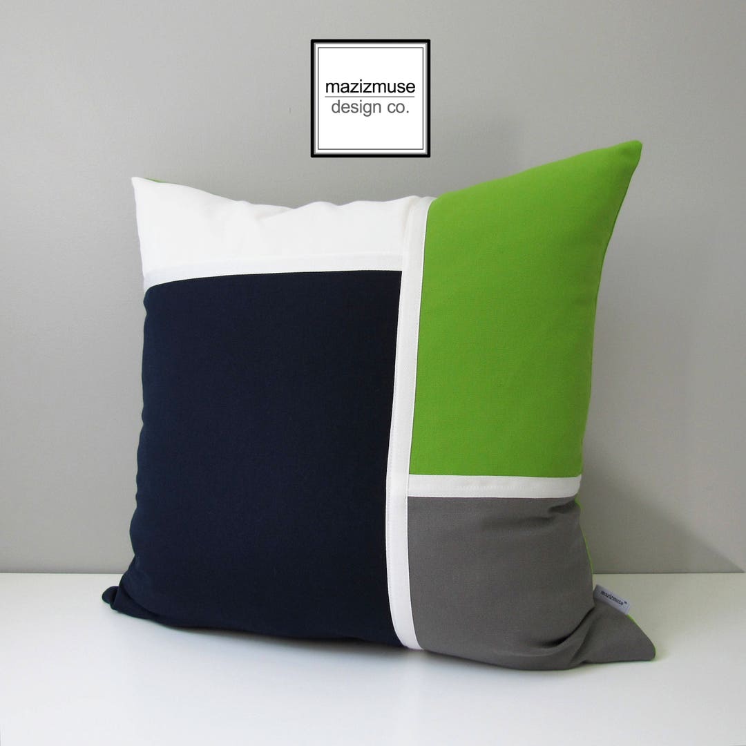 Decorative Navy Blue & Lime Green Outdoor Pillow Cover, Modern