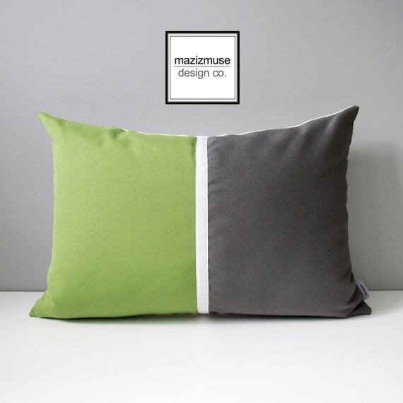 Ginko Green Grey Outdoor Pillow Cover Modern Decorative White Gray Colorblock Sunbrella Cushion