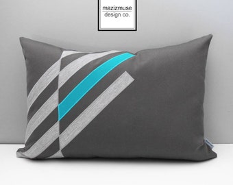 Decorative Grey & Turquoise Blue Outdoor Pillow Cover, Modern Pillow Cover, Geometric Pillow Case, White Sunbrella Cushion Cover, Mazizmuse