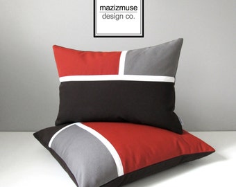 Terracotta & Black Outdoor Pillow Cover, Decorative Pillow Cover, Brick Red Grey and White Color Block, Sunbrella Cushion Cover, Mazizmuse