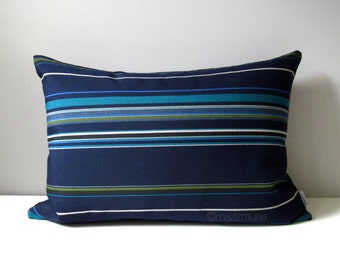 Decorative Navy Blue Striped Pillow Cover, Modern Outdoor Pillow Cover, Teal Olive Green, Indigo Sunbrella Cushion Cover, Throw Pillow Cover